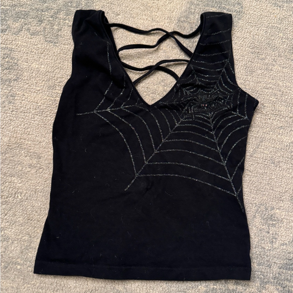 Black v-neck deep cut lace-up back Tank Top w/ Silver Spiderweb / spider design